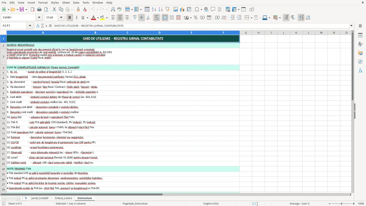 Captură 3: fila Instructiuni - Șablon Excel registru jurnal contabilitate excel model