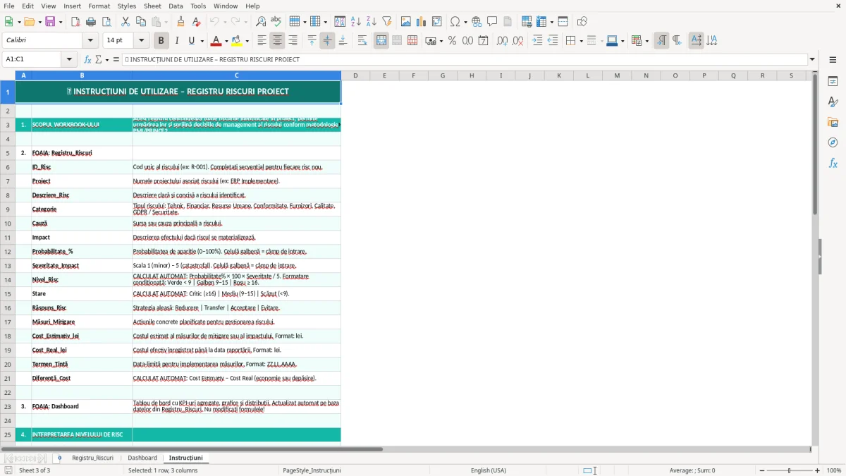 Skärmbild 3: fliken Instrucțiuni - Excelmall registru riscuri proiect excel model