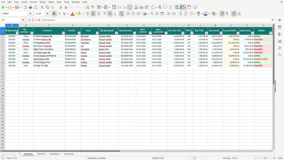 Captură 1: fila Scadențar - Șablon Excel scadențar clienți și furnizori excel model