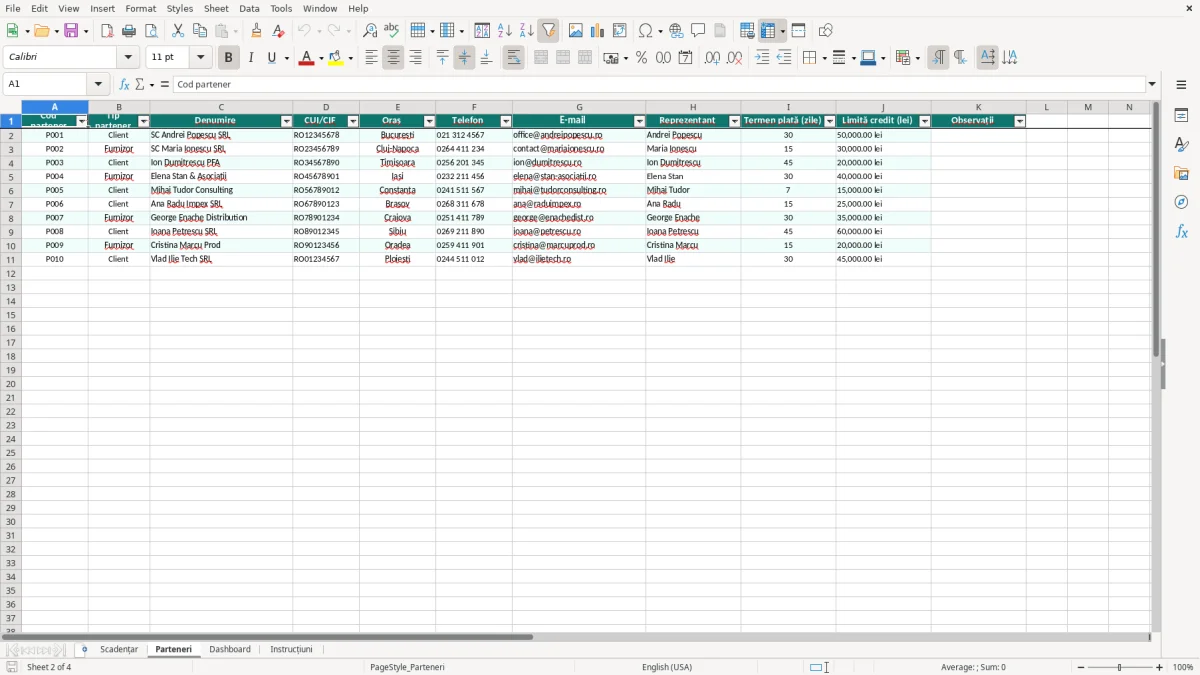 Captură 2: fila Parteneri - Șablon Excel scadențar clienți și furnizori excel model