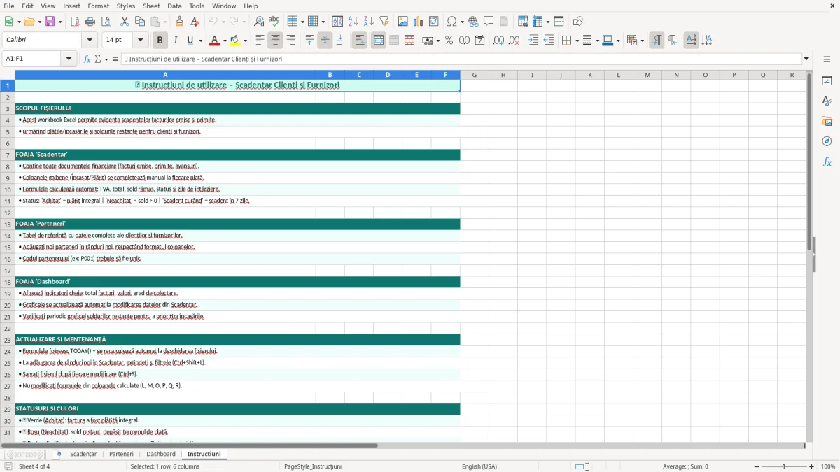 Captură 4: fila Instrucțiuni - Șablon Excel scadențar clienți și furnizori excel model