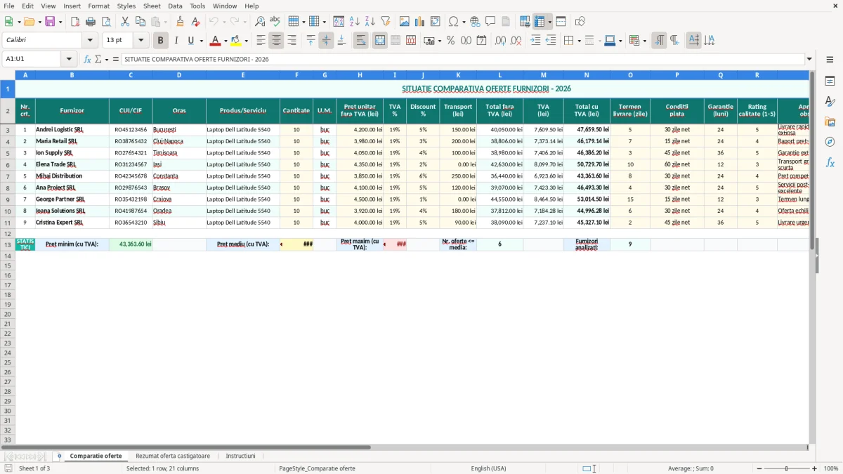 Captură 1: fila Comparatie oferte - Șablon Excel situație comparativă oferte furnizori excel model