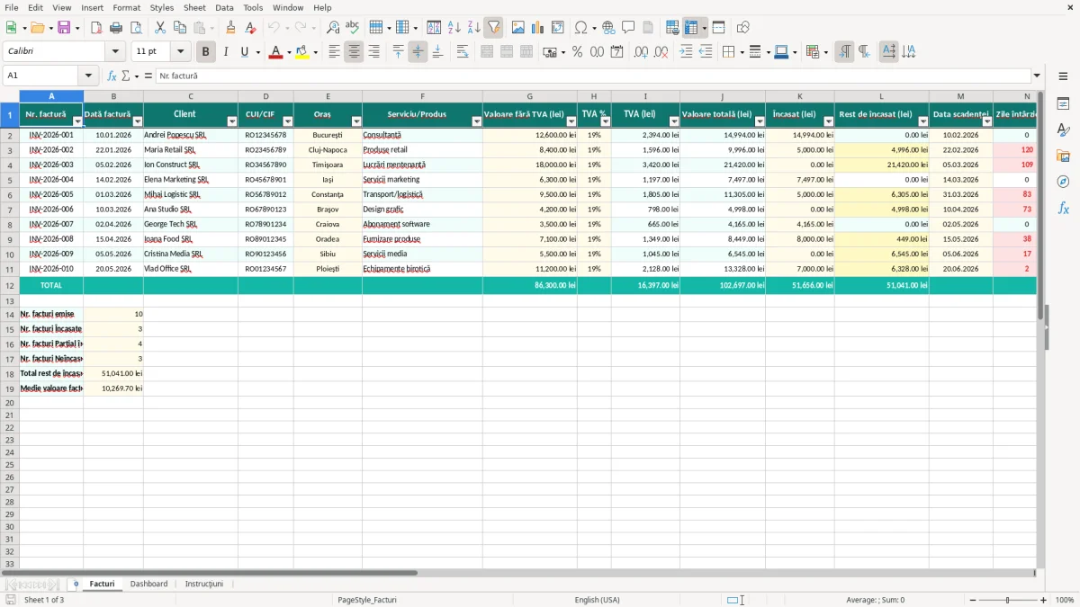 Captură 1: fila Facturi - Șablon Excel situație facturi neîncasate excel model