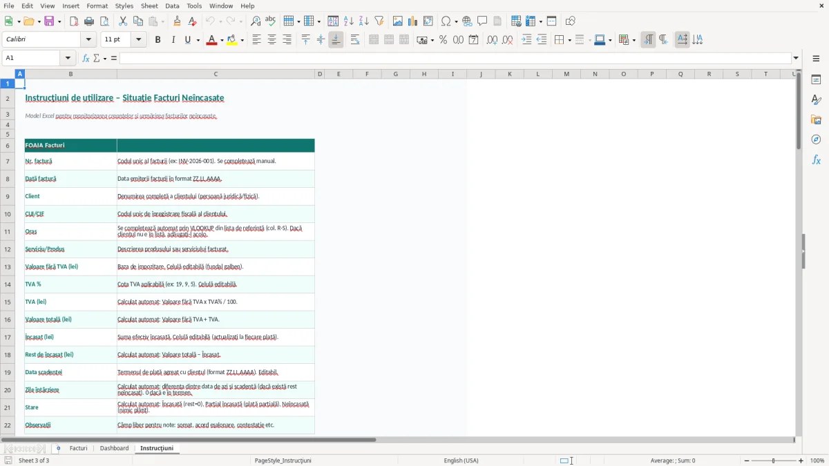 Captură 3: fila Instrucţiuni - Șablon Excel situație facturi neîncasate excel model