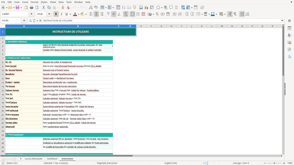 Skärmbild 3: fliken Instructiuni - Excelmall situație lucrări neîncasate subcontractor excel model