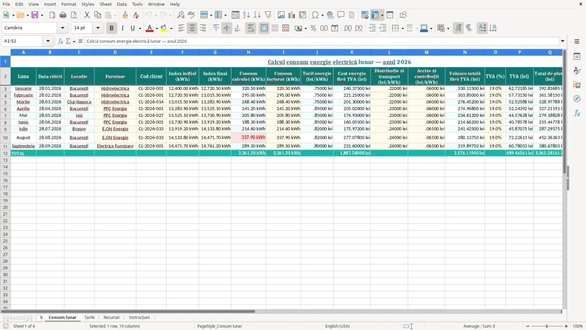 Captură 1: fila Consum lunar - Șablon Excel calcul consum energie electrică lunar excel model