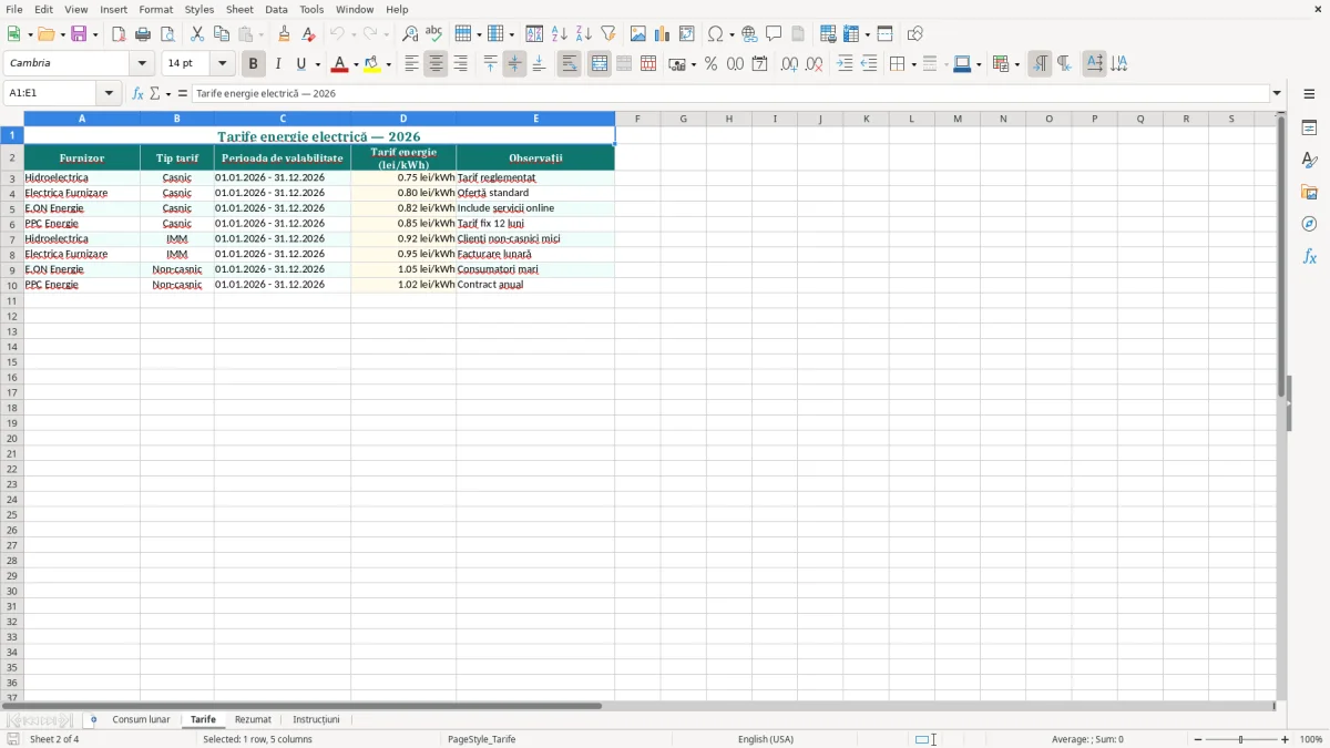 Captură 2: fila Tarife - Șablon Excel calcul consum energie electrică lunar excel model