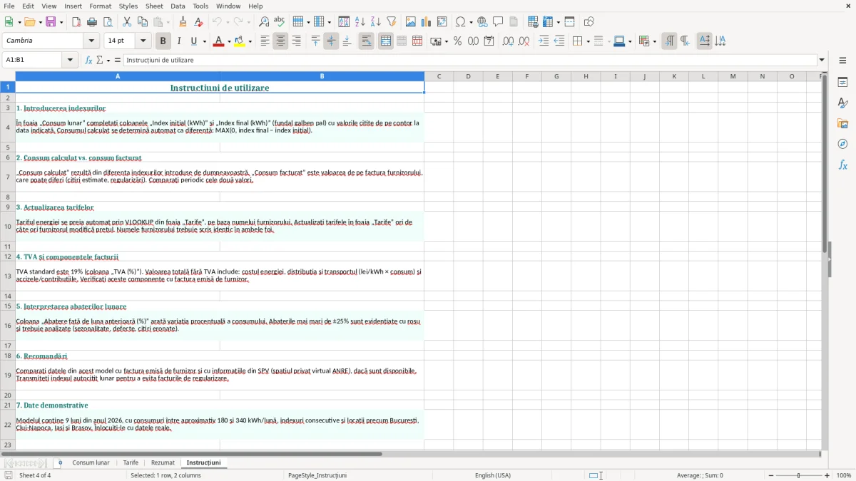 Captură 4: fila Instrucțiuni - Șablon Excel calcul consum energie electrică lunar excel model