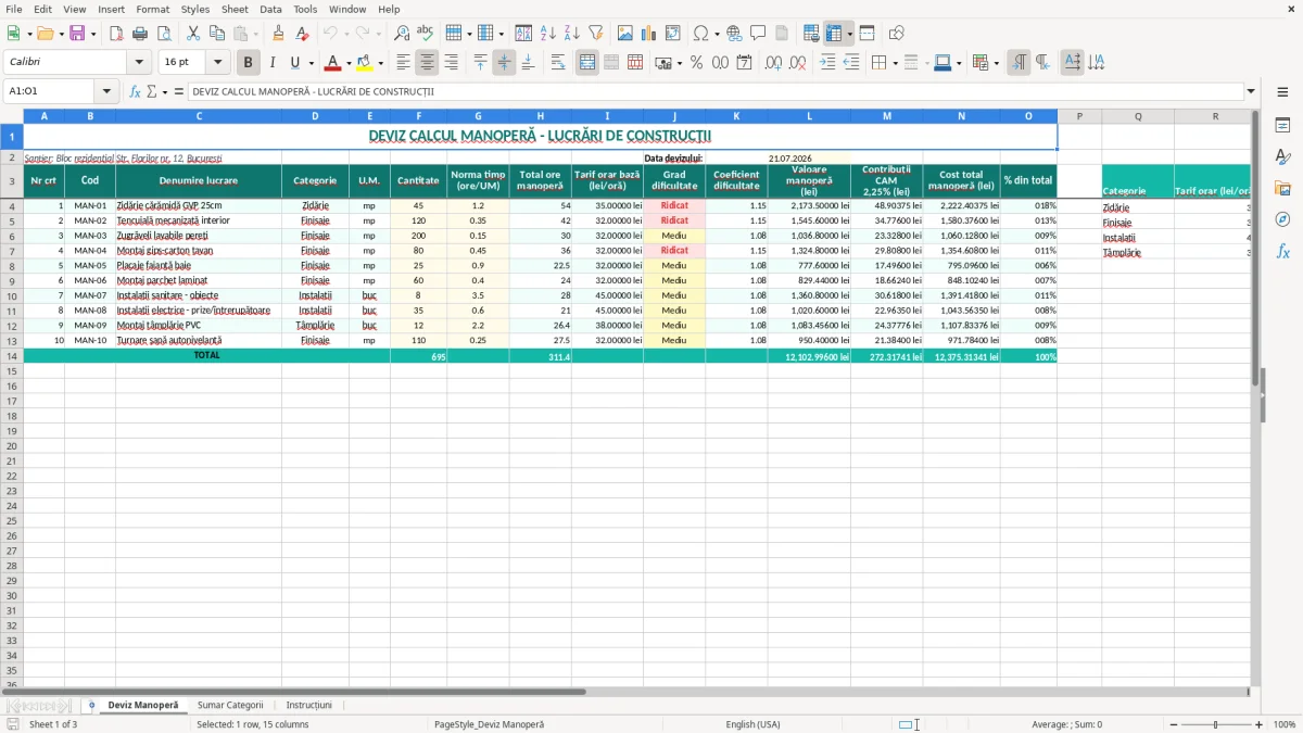 Captură 1: fila Deviz Manoperă - Șablon Excel calcul manoperă deviz excel model