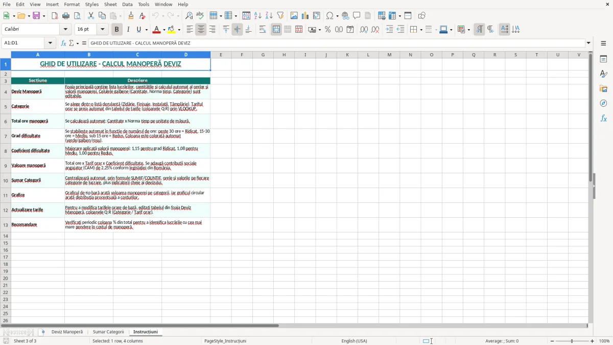 Captură 3: fila Instrucțiuni - Șablon Excel calcul manoperă deviz excel model