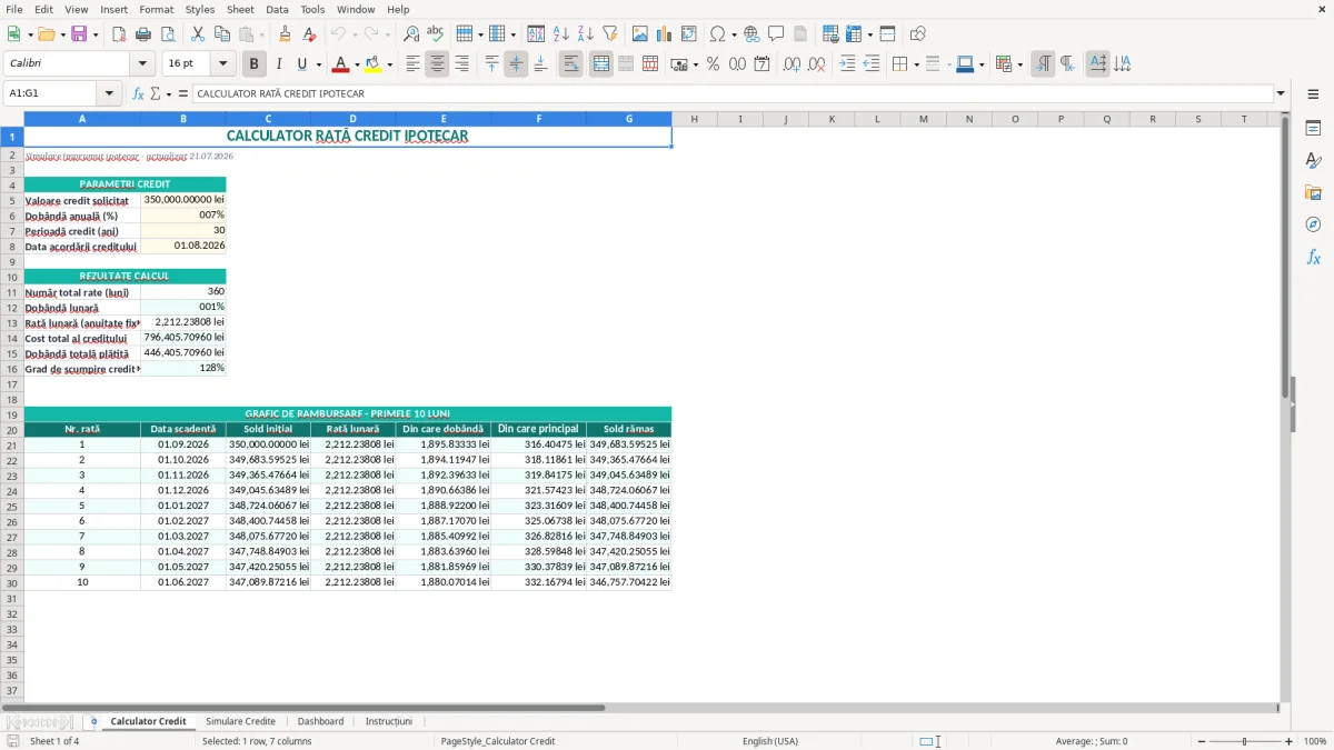 Captură 1: fila Calculator Credit - Șablon Excel calculator rată credit ipotecar excel model