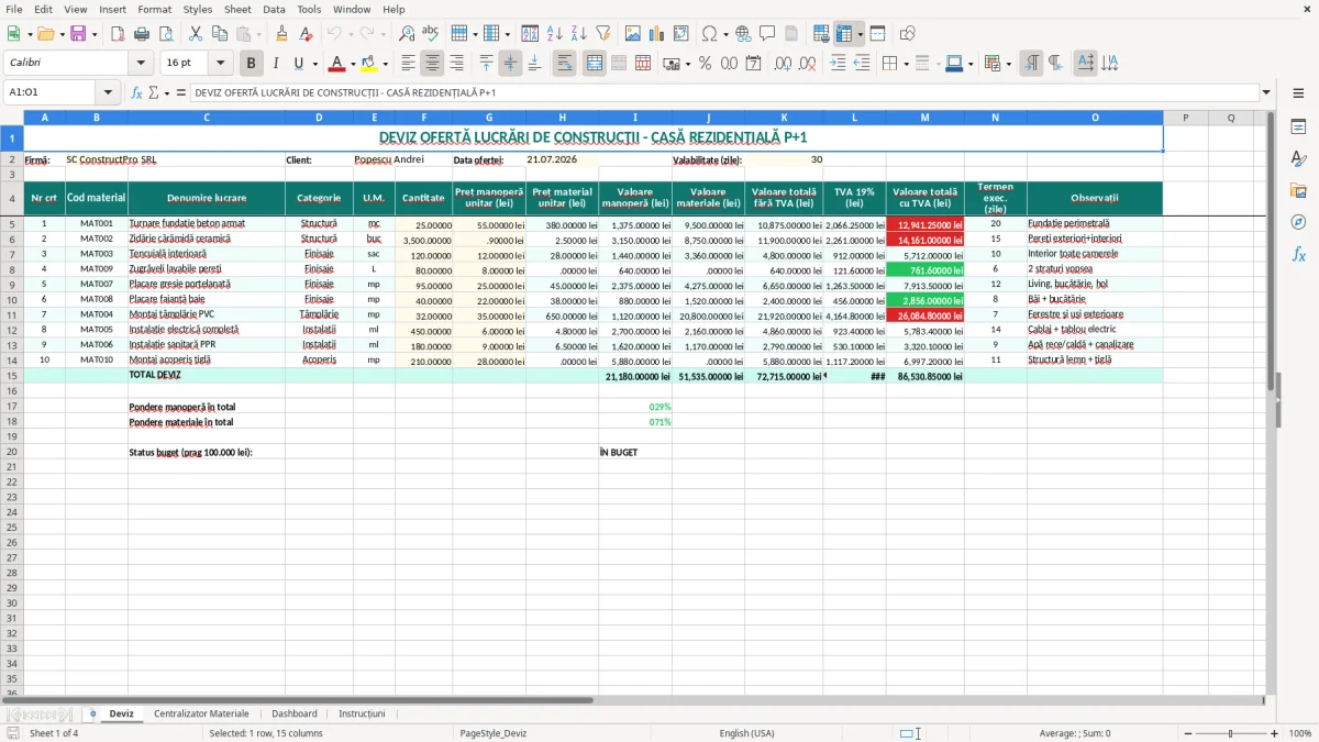 Captură 1: fila Deviz - Șablon Excel deviz oferta construcții excel model