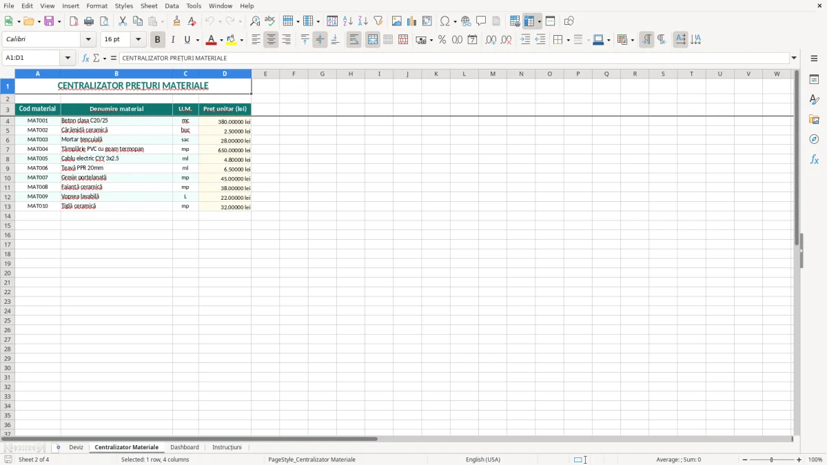 Captură 2: fila Centralizator Materiale - Șablon Excel deviz oferta construcții excel model