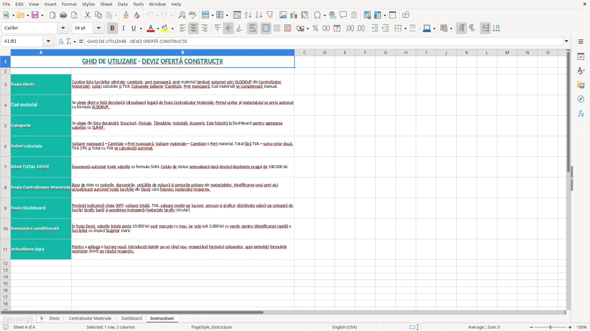 Captură 4: fila Instrucțiuni - Șablon Excel deviz oferta construcții excel model