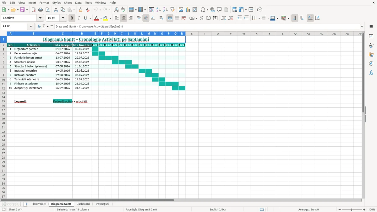 Captură 2: fila Diagramă Gantt - Șablon Excel diagramă gantt construcții excel model