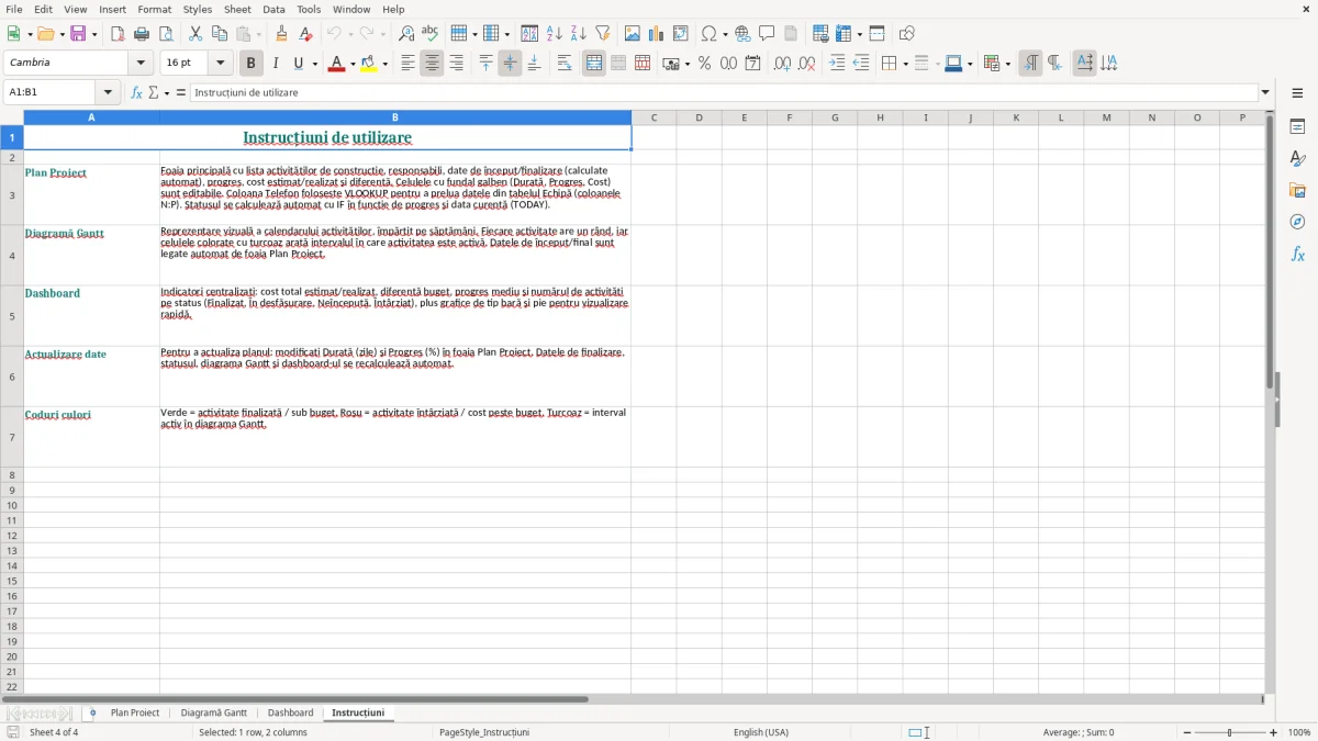 Captură 4: fila Instrucțiuni - Șablon Excel diagramă gantt construcții excel model