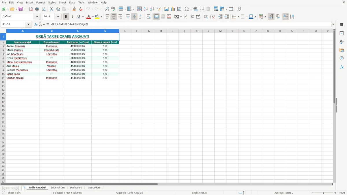 Captură 1: fila Tarife Angajați - Șablon Excel evidență ore suplimentare excel model
