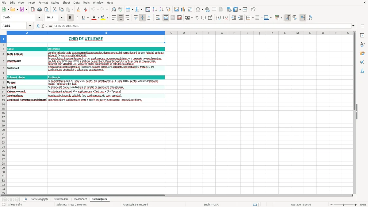 Captură 4: fila Instrucțiuni - Șablon Excel evidență ore suplimentare excel model