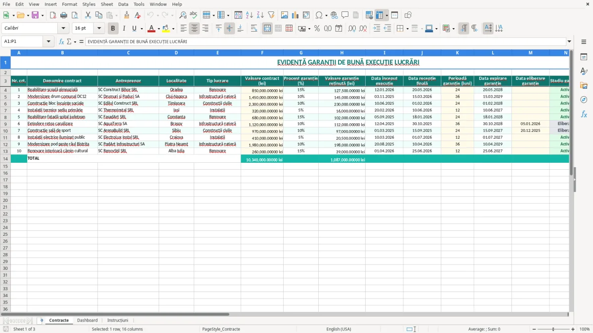 Captură 1: fila Contracte - Șablon Excel garanție de bună execuție lucrări excel model