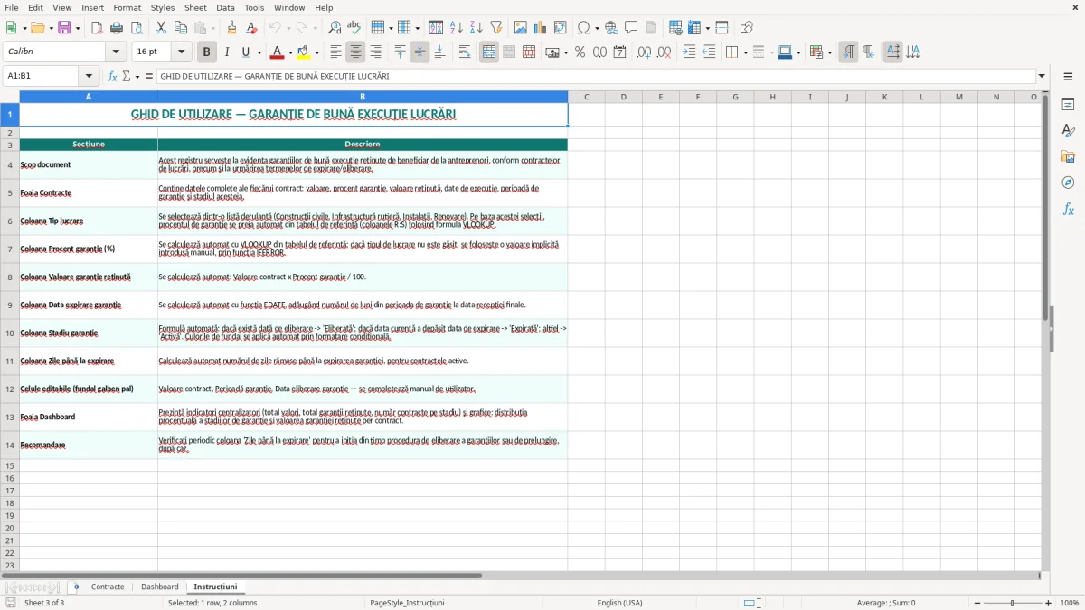 Captură 3: fila Instrucțiuni - Șablon Excel garanție de bună execuție lucrări excel model