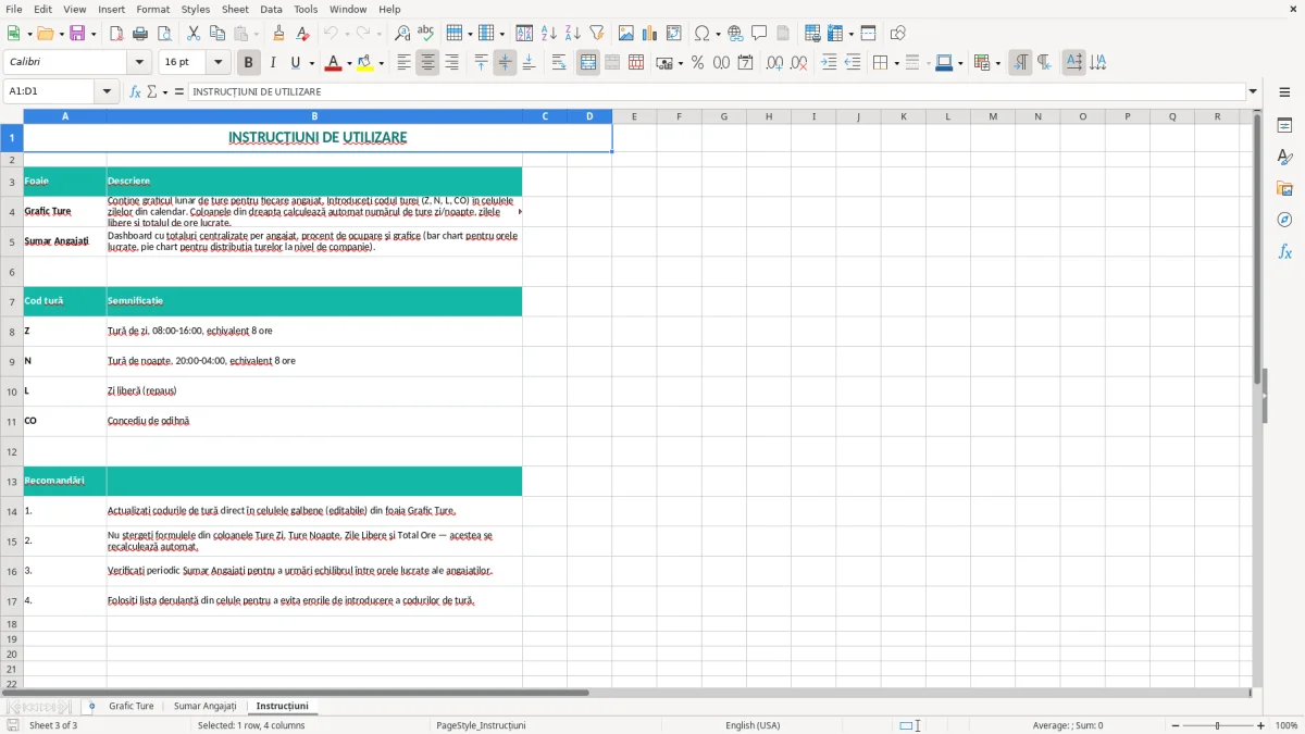 Captură 3: fila Instrucțiuni - Șablon Excel grafic ture lunar angajați excel model