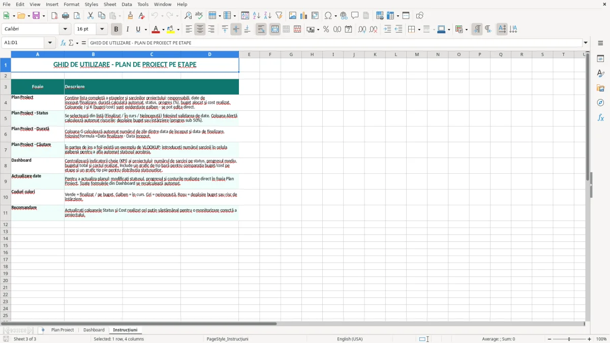 Captură 3: fila Instrucțiuni - Șablon Excel plan de proiect pe etape excel model