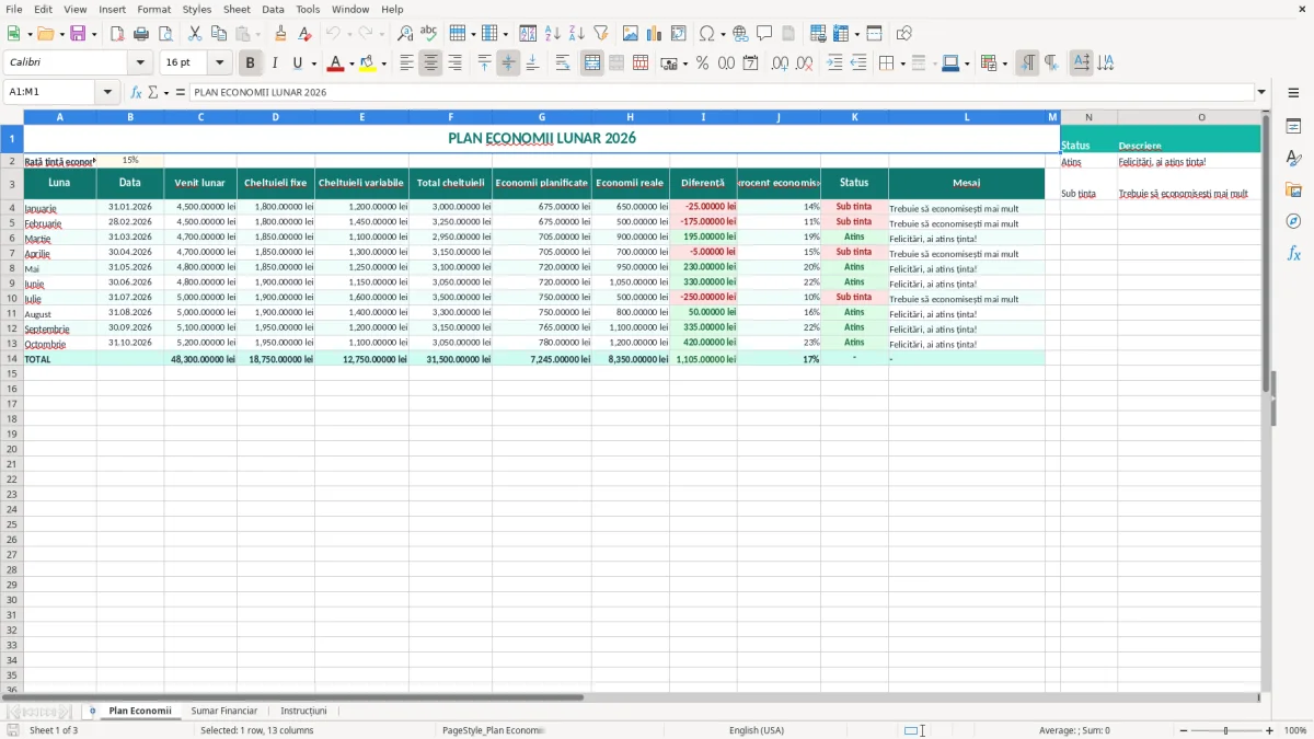 Captură 1: fila Plan Economii - Șablon Excel plan economii lunar excel model