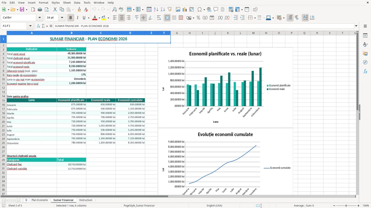 Captură 2: fila Sumar Financiar - Șablon Excel plan economii lunar excel model