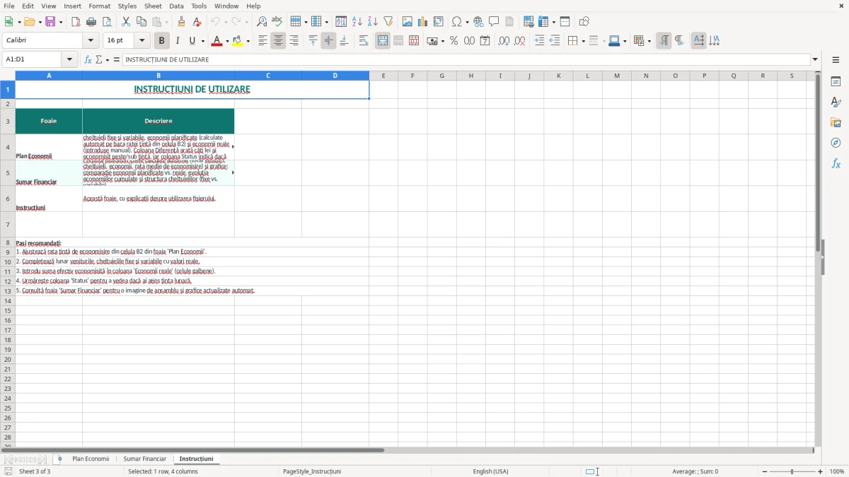Captură 3: fila Instrucțiuni - Șablon Excel plan economii lunar excel model