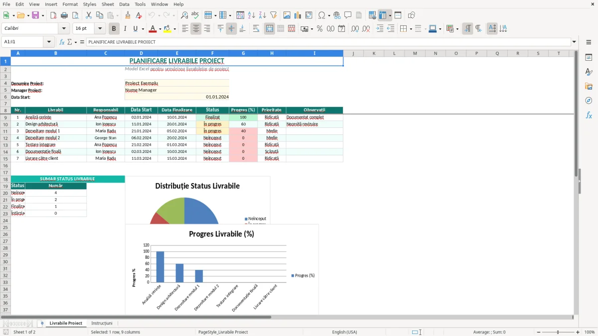 Captură 1: fila Livrabile Proiect - Șablon Excel planificare livrabile proiect excel model