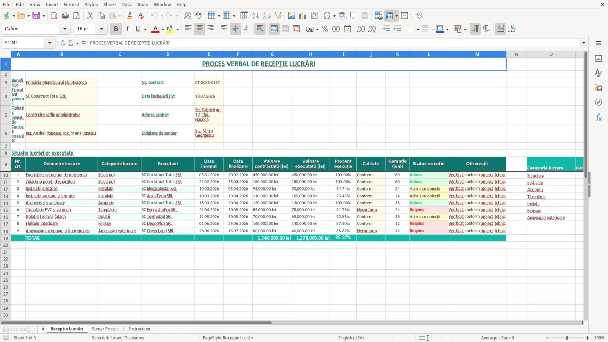 Captură 1: fila Recepție Lucrări - Șablon Excel proces verbal recepție lucrări excel model