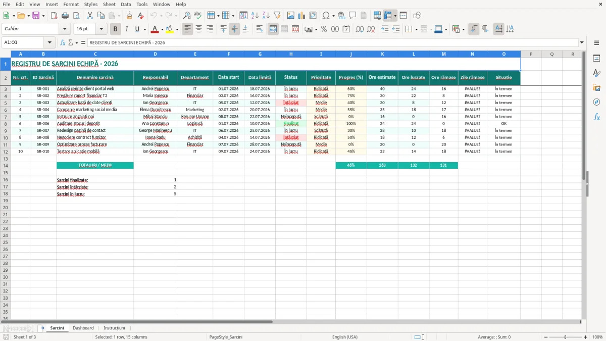 Captură 1: fila Sarcini - Șablon Excel registru de sarcini echipă excel model