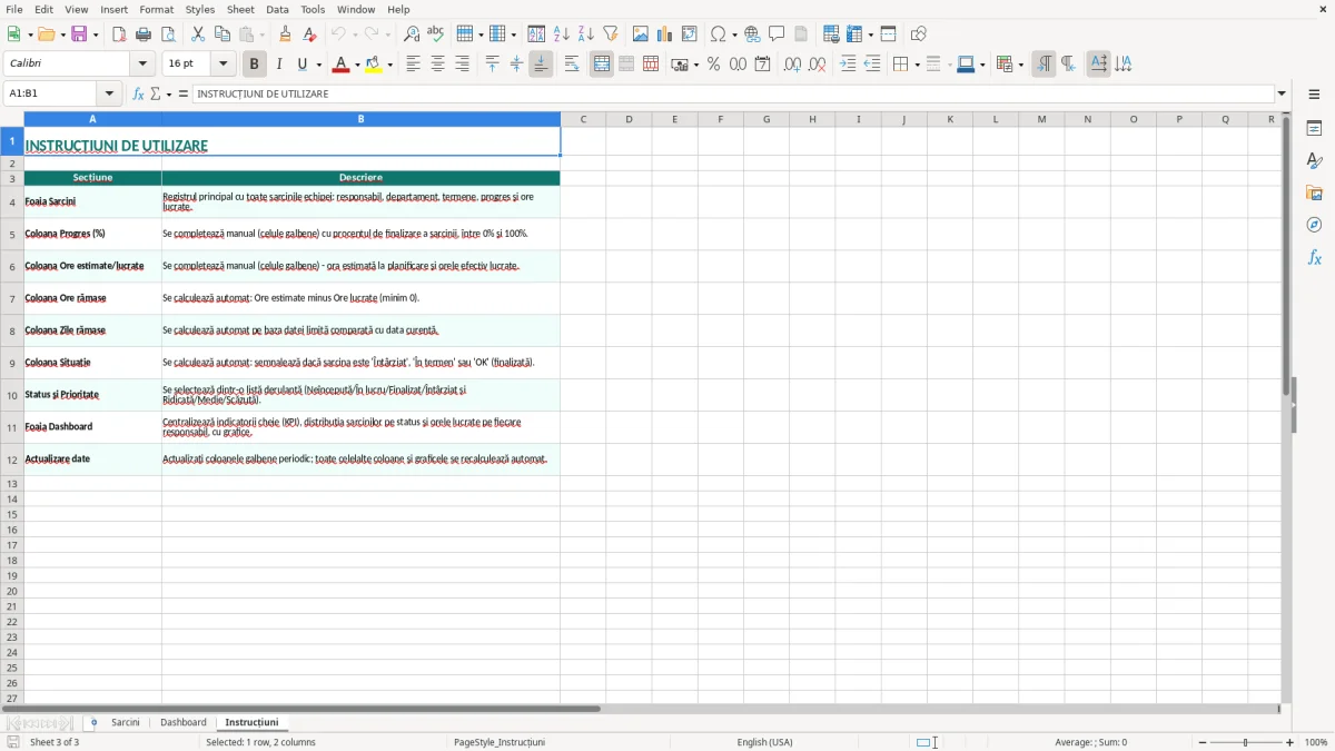 Captură 3: fila Instrucțiuni - Șablon Excel registru de sarcini echipă excel model