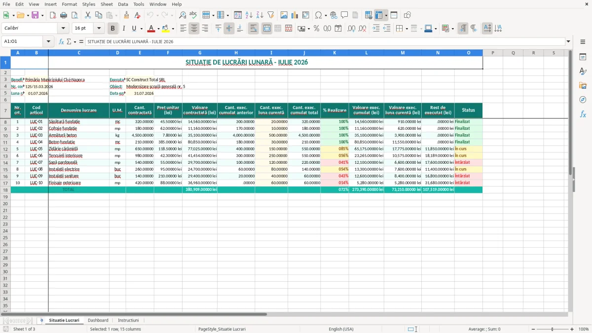 Captură 1: fila Situatie Lucrari - Șablon Excel situație de lucrări lunară excel model