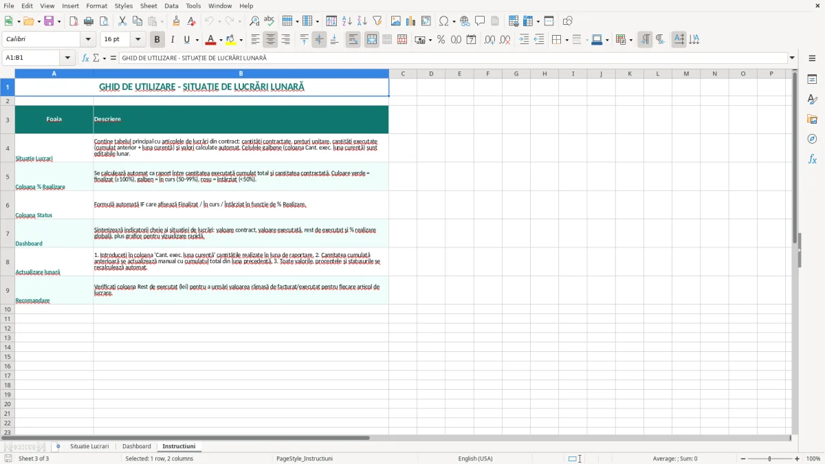 Captură 3: fila Instructiuni - Șablon Excel situație de lucrări lunară excel model