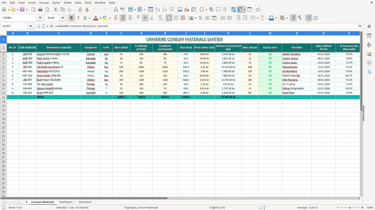 Captură 1: fila Consum Materiale - Șablon Excel urmărire consum materiale șantier excel model