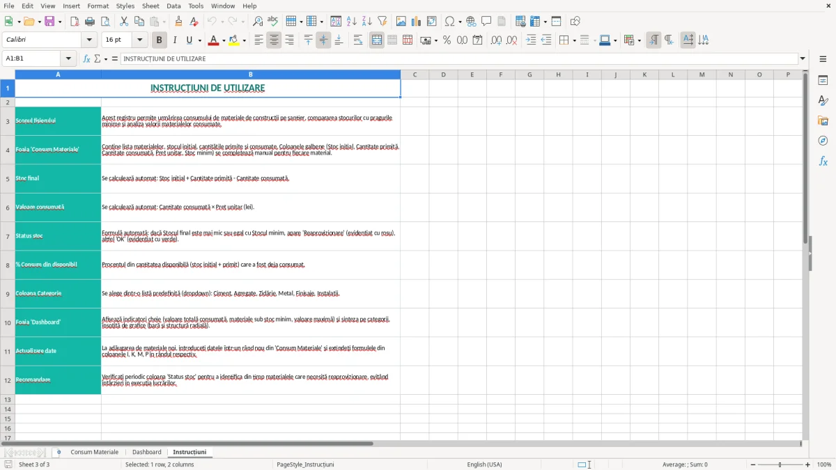 Captură 3: fila Instrucțiuni - Șablon Excel urmărire consum materiale șantier excel model