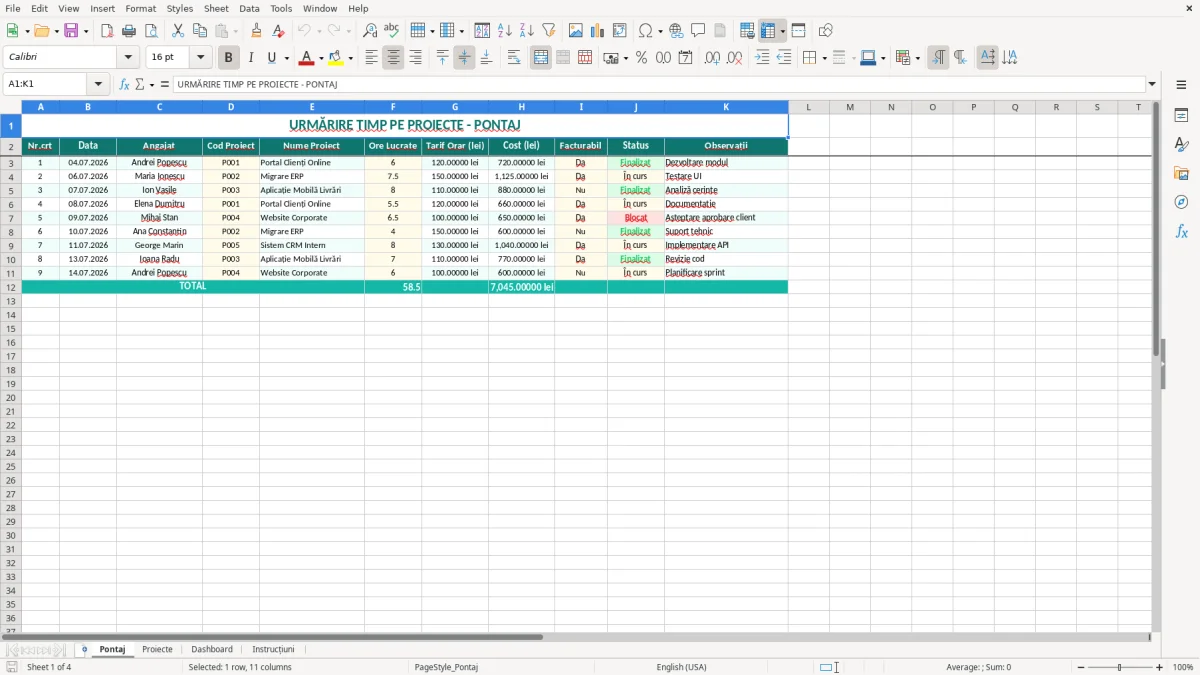 Captură 1: fila Pontaj - Șablon Excel urmărire timp pe proiect excel model