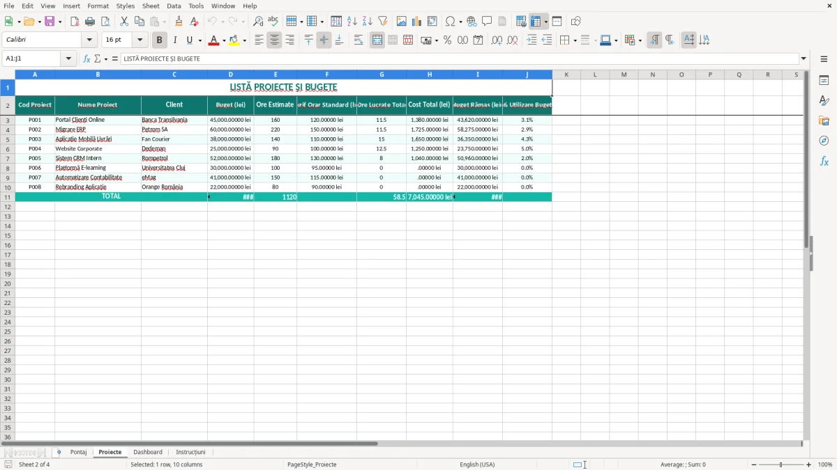 Captură 2: fila Proiecte - Șablon Excel urmărire timp pe proiect excel model