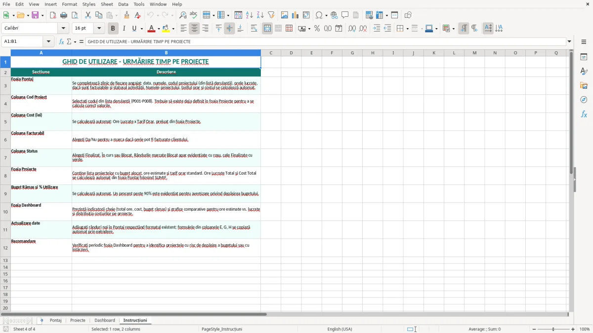 Captură 4: fila Instrucțiuni - Șablon Excel urmărire timp pe proiect excel model