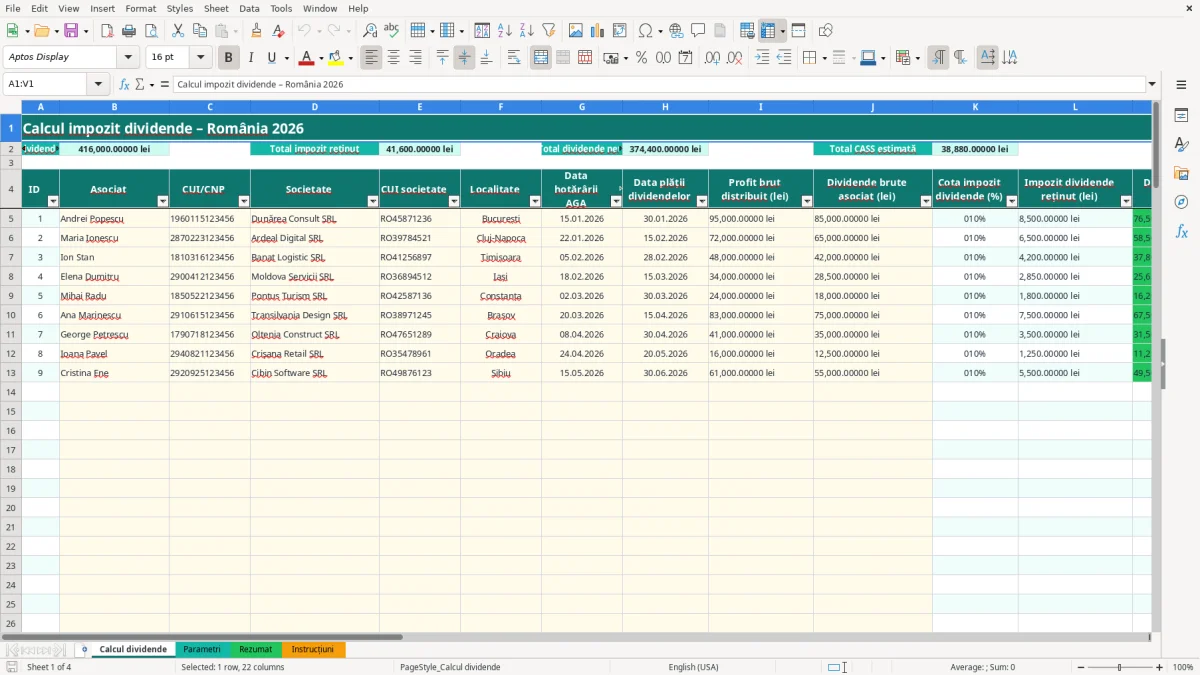 Captură 1: fila Calcul dividende - Șablon Excel calcul impozit dividende excel model