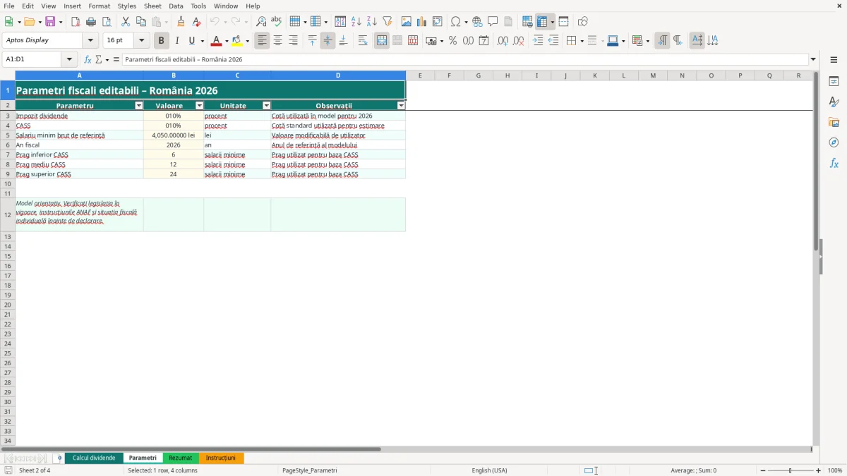 Captură 2: fila Parametri - Șablon Excel calcul impozit dividende excel model