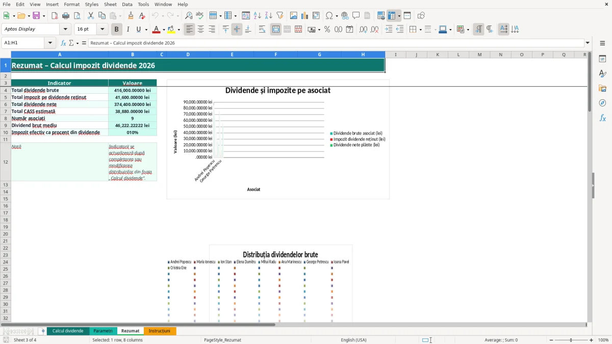 Captură 3: fila Rezumat - Șablon Excel calcul impozit dividende excel model