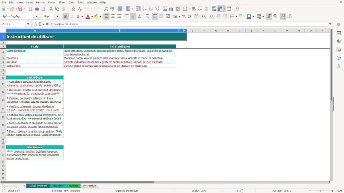 Captură 4: fila Instrucțiuni - Șablon Excel calcul impozit dividende excel model
