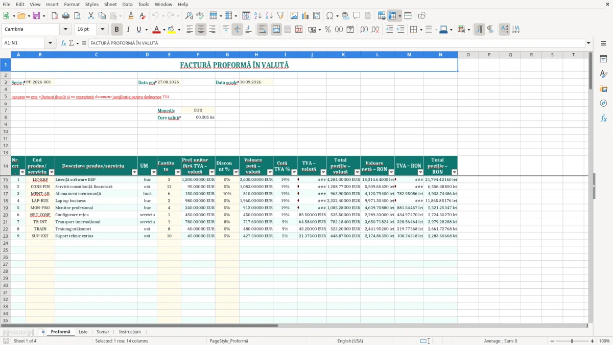Captură 1: fila Proformă - Șablon Excel factură proformă în valută excel model