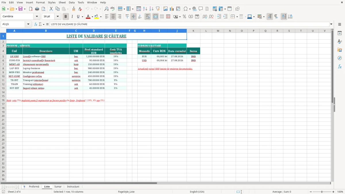 Captură 2: fila Liste - Șablon Excel factură proformă în valută excel model