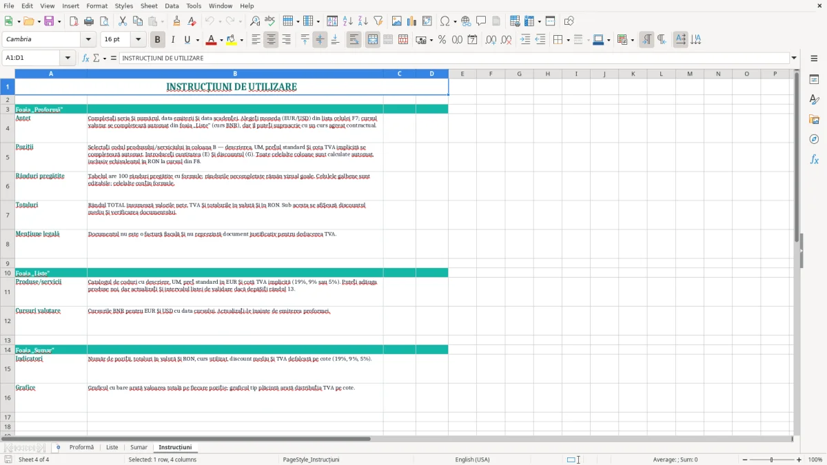 Captură 4: fila Instrucțiuni - Șablon Excel factură proformă în valută excel model