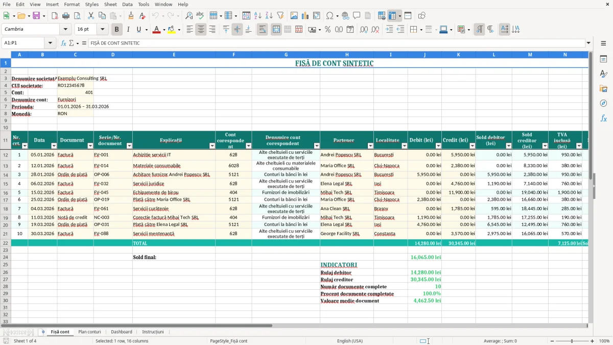 Captură 1: fila Fișă cont - Șablon Excel fișă de cont sintetic excel model