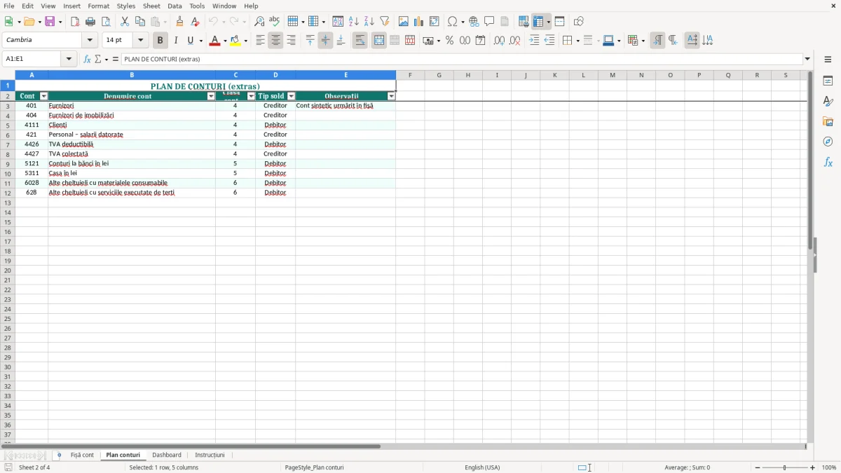 Captură 2: fila Plan conturi - Șablon Excel fișă de cont sintetic excel model