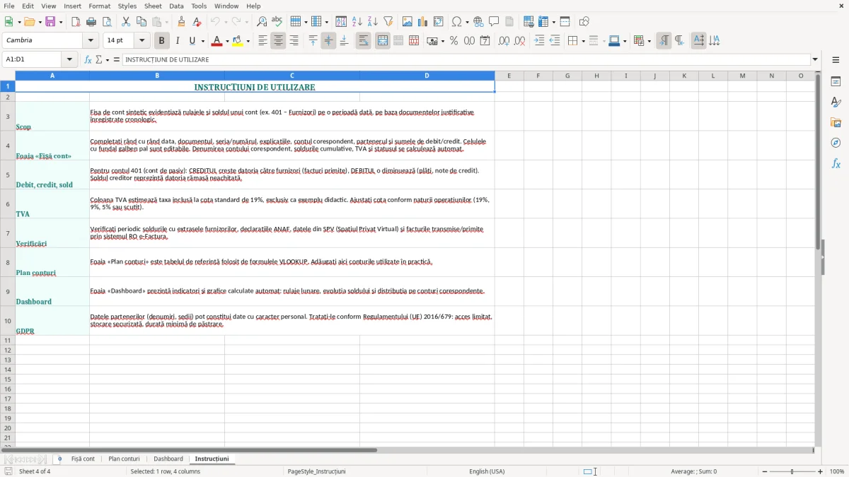 Captură 4: fila Instrucțiuni - Șablon Excel fișă de cont sintetic excel model